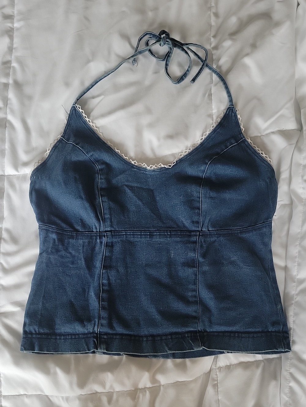 le chateau Navy Denim Halter Cami with Lace Trim